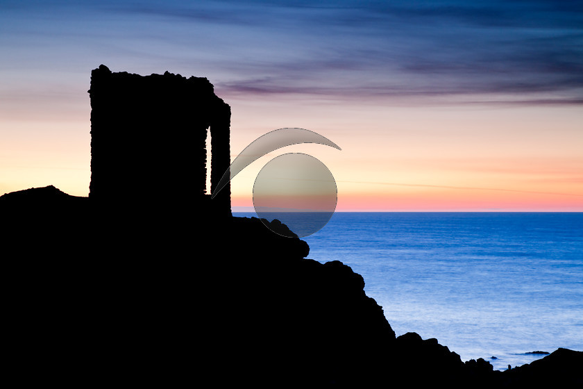 Ladies Tower Elie Fife-8650 
 Silhouette of Lady's Tower at sunrise, Elie in Fife Scotland. Lady's Tower was built as a summer house for Lady Janet Anstruther. 
 Keywords: Lady's, Tower, East Neuk, Elie, Scotland, coastal, Fife, rocks, sea, sunrise, silhouette
